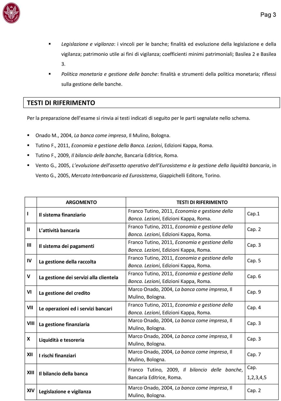 TESTI DI RIFERIMENTO Per la preparazione dell esame si rinvia ai testi indicati di seguito per le parti segnalate nello schema. Onado M., 2004, La banca come impresa, Il Tutino F.