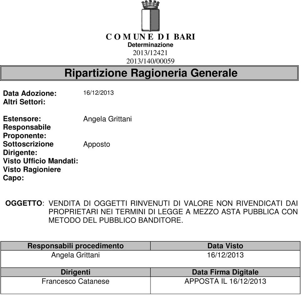 OGGETTO: VENDITA DI OGGETTI RINVENUTI DI VALORE NON RIVENDICATI DAI PROPRIETARI NEI TERMINI DI LEGGE A MEZZO ASTA PUBBLICA CON METODO DEL