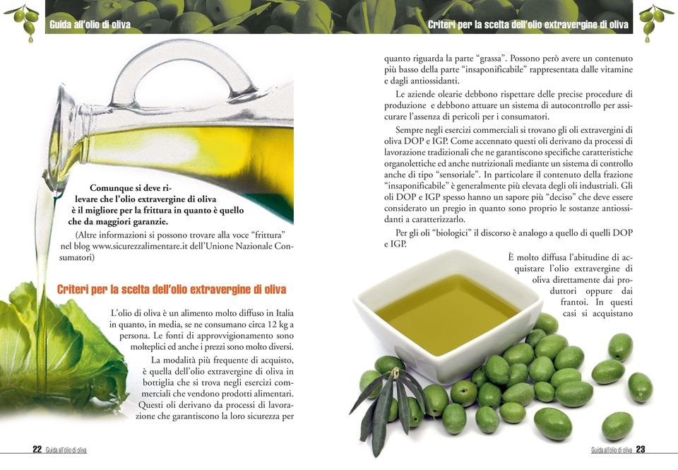 it dell Unione Nazionale Consumatori) Criteri per la scelta dell olio extravergine di oliva L olio di oliva è un alimento molto diffuso in Italia in quanto, in media, se ne consumano circa 12 kg a