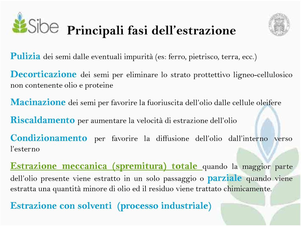 cellule oleifere Riscaldamento per aumentare la velocità di estrazione dell olio Condizionamento per favorire la diffusione dell olio dall interno verso l esterno Estrazione