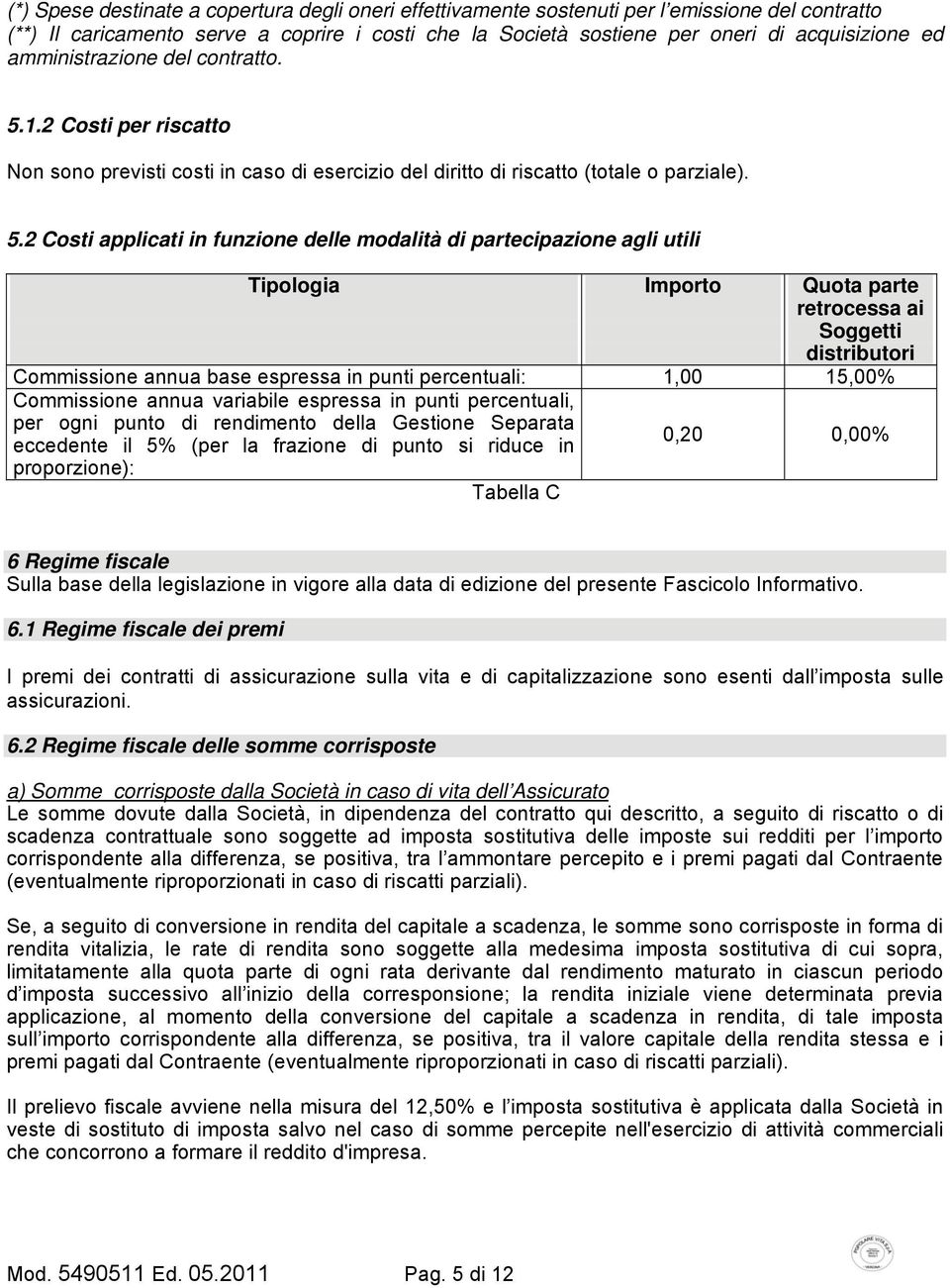 1.2 Costi per riscatto Non sono previsti costi in caso di esercizio del diritto di riscatto (totale o parziale). 5.