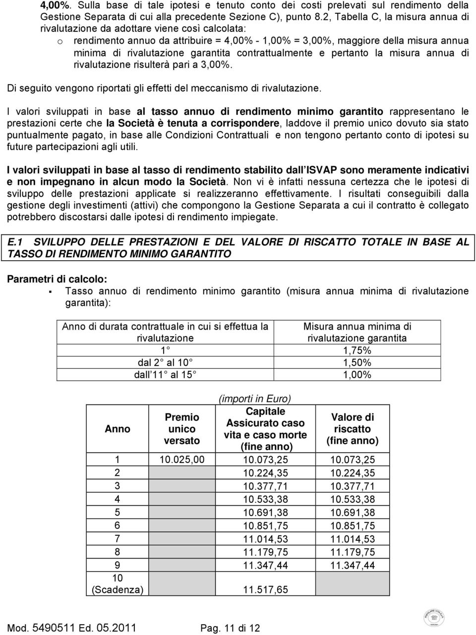 garantita contrattualmente e pertanto la misura annua di rivalutazione risulterà pari a 3,00%. Di seguito vengono riportati gli effetti del meccanismo di rivalutazione.