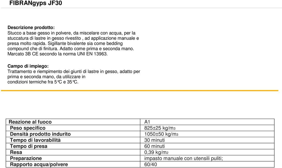 Campo di impiego: Trattamento e riempimento dei giunti di lastre in gesso, adatto per prima e seconda mano, da utilizzare in condizioni termiche fra 5 C e 35 C.