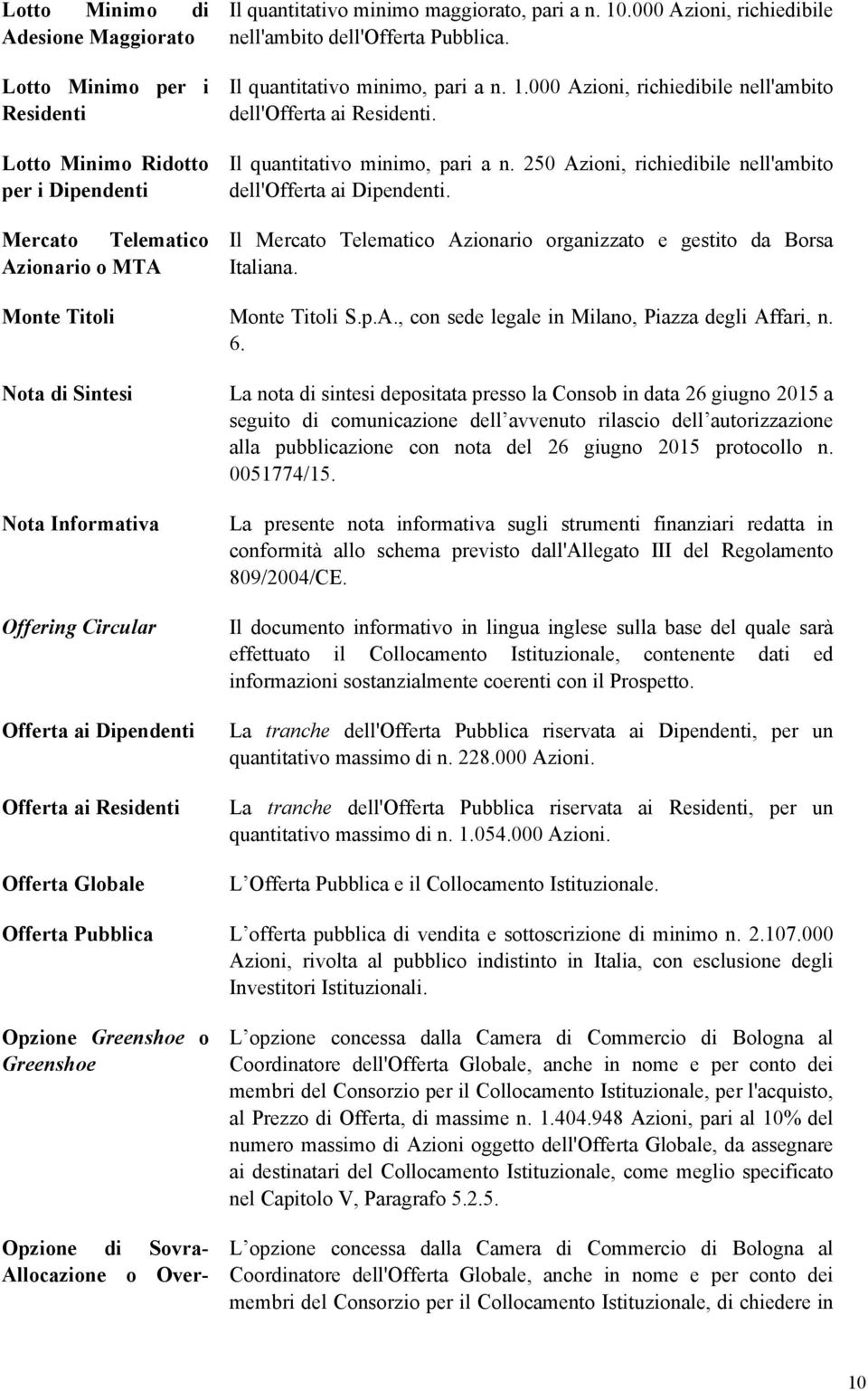 Il Mercato Telematico Azionario organizzato e gestito da Borsa Italiana. Monte Titoli Monte Titoli S.p.A., con sede legale in Milano, Piazza degli Affari, n. 6.