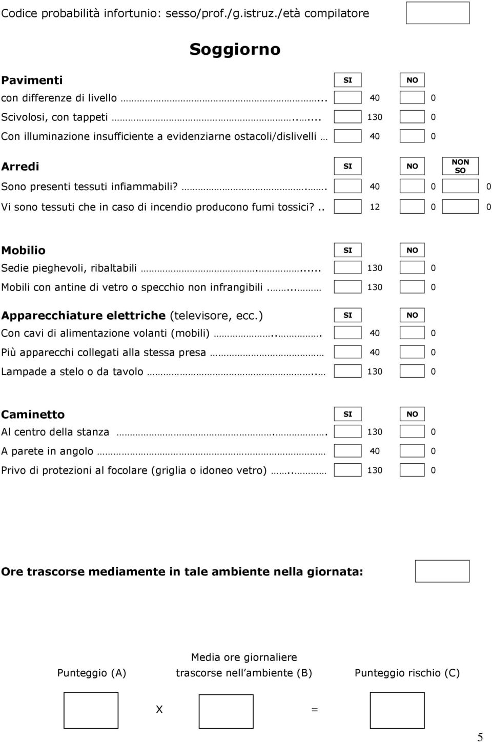 .. 40 0 0 Vi sono tessuti che in caso di incendio producono fumi tossici?.. 12 0 0 Mobilio SI NO Sedie pieghevoli, ribaltabili.... 130 0 Mobili con antine di vetro o specchio non infrangibili.