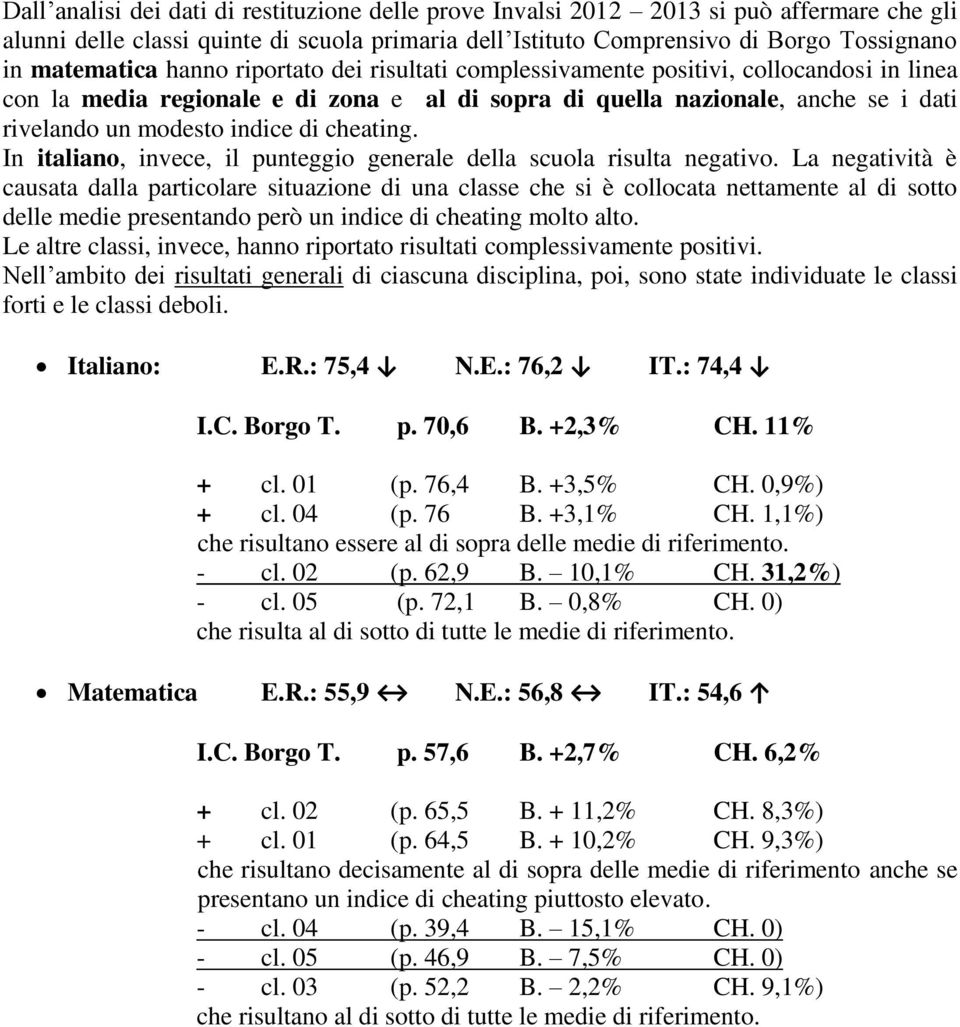 cheating. In italiano, invece, il punteggio generale della scuola risulta negativo.