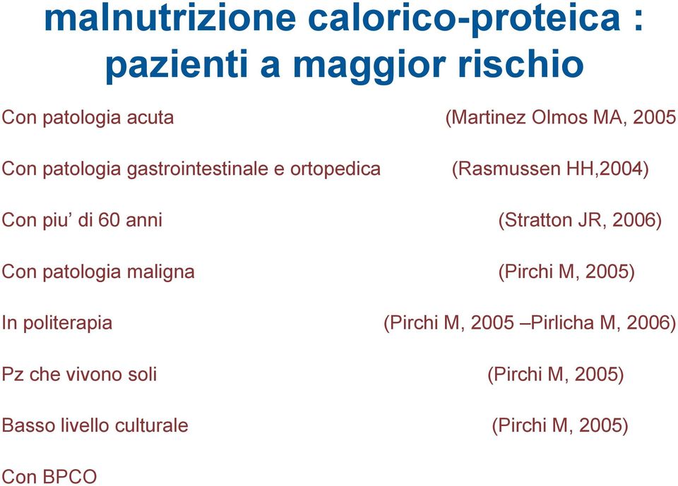 anni (Stratton JR, 2006) Con patologia maligna (Pirchi M, 2005) In politerapia (Pirchi M, 2005