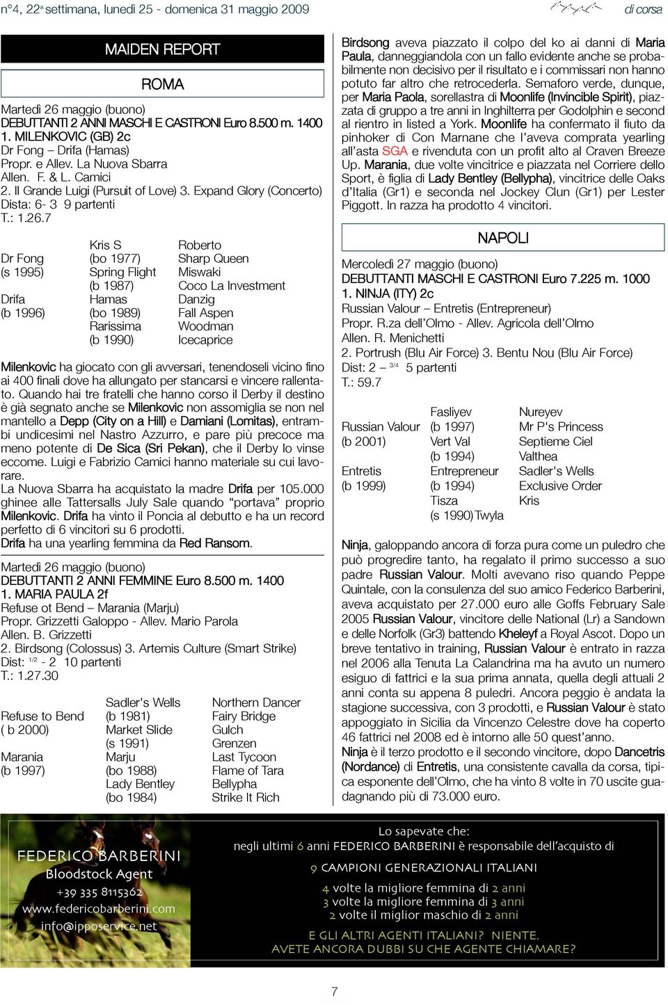 7 Kris S Roberto Dr Fong (bo 1977) Sharp Queen (s 1995) Spring Flight Miswaki (b 1987) Coco La Investment Drifa Hamas Danzig (b 1996) (bo 1989) Fall Aspen Rarissima Woodman (b 1990) Icecaprice