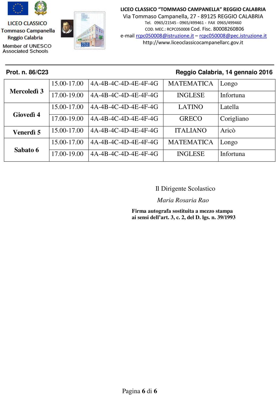 Dirigente Scolastico Maria Rosaria Rao Firma autografa
