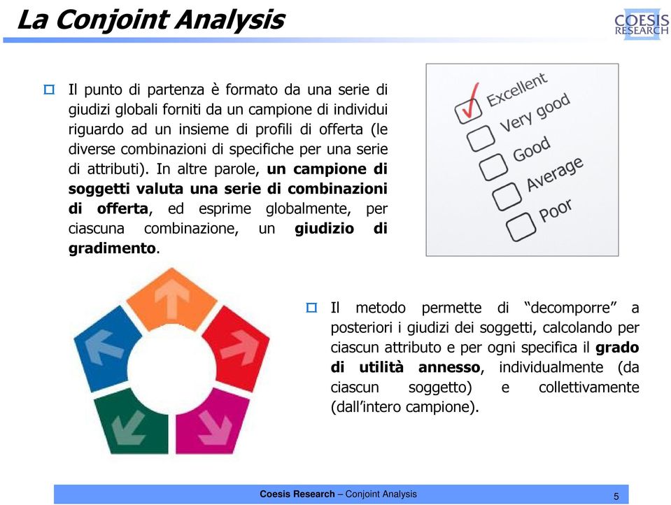 In altre parole, un campione di soggetti valuta una serie di combinazioni di offerta, ed esprime globalmente, per ciascuna combinazione, un giudizio di