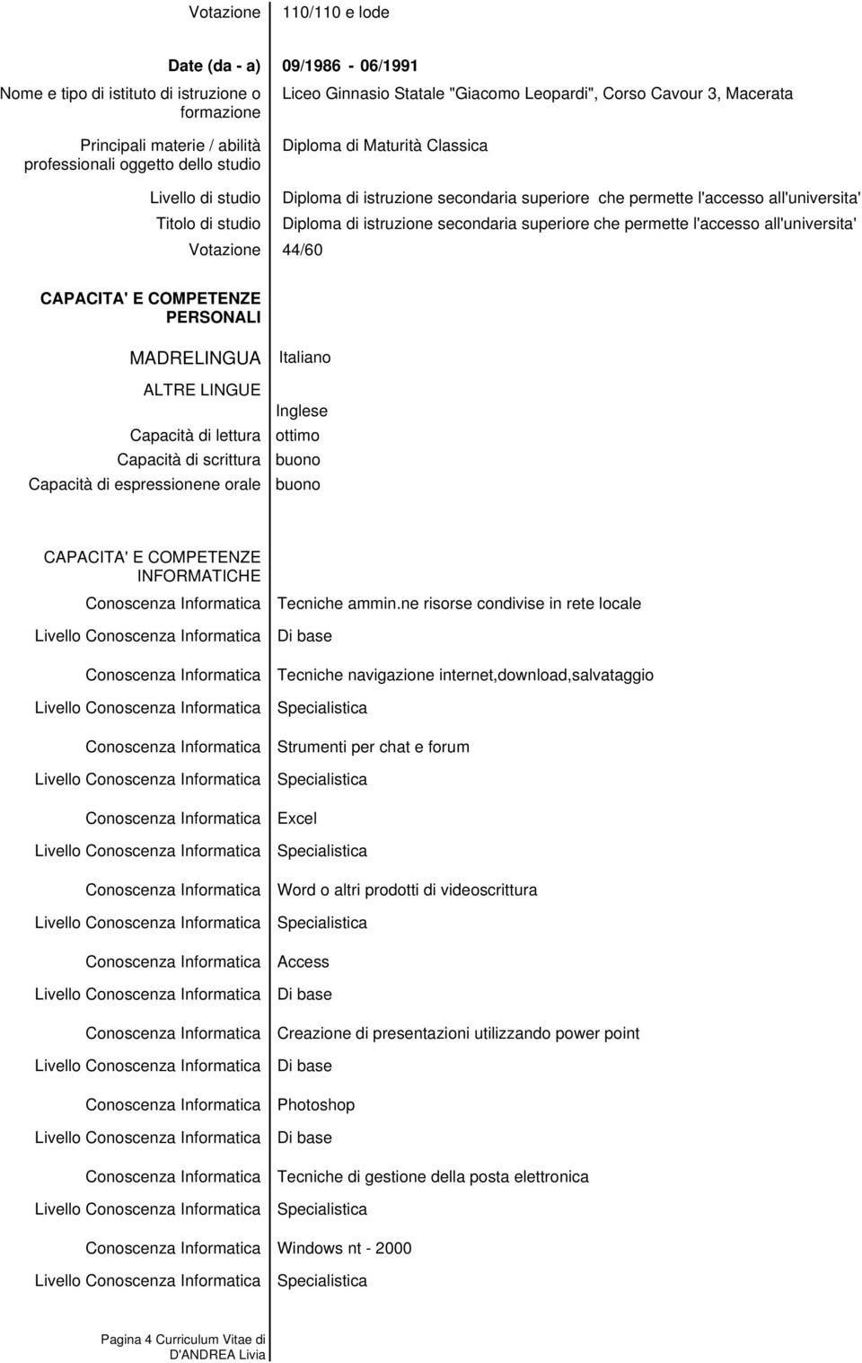 Capacità di espressionene orale Italiano Inglese ottimo buono buono INFORMATICHE Tecniche ammin.