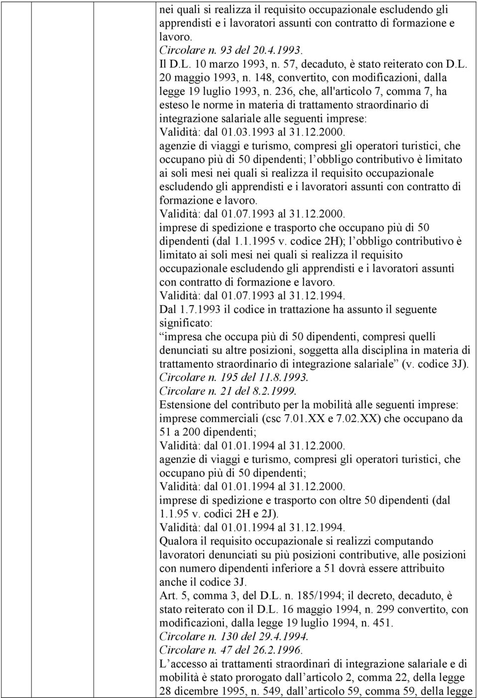 236, che, all'articolo 7, comma 7, ha esteso le norme in materia di trattamento straordinario di integrazione salariale alle seguenti imprese: Validità: dal 01.03.1993 al 31.12.2000.