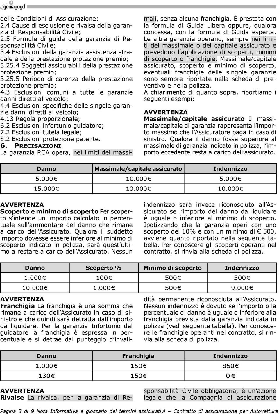 3 Esclusioni comuni a tutte le garanzie danni diretti al veicolo; 4.4 Esclusioni specifiche delle singole garanzie danni diretti al veicolo; 4.13 Regola proporzionale; 6.