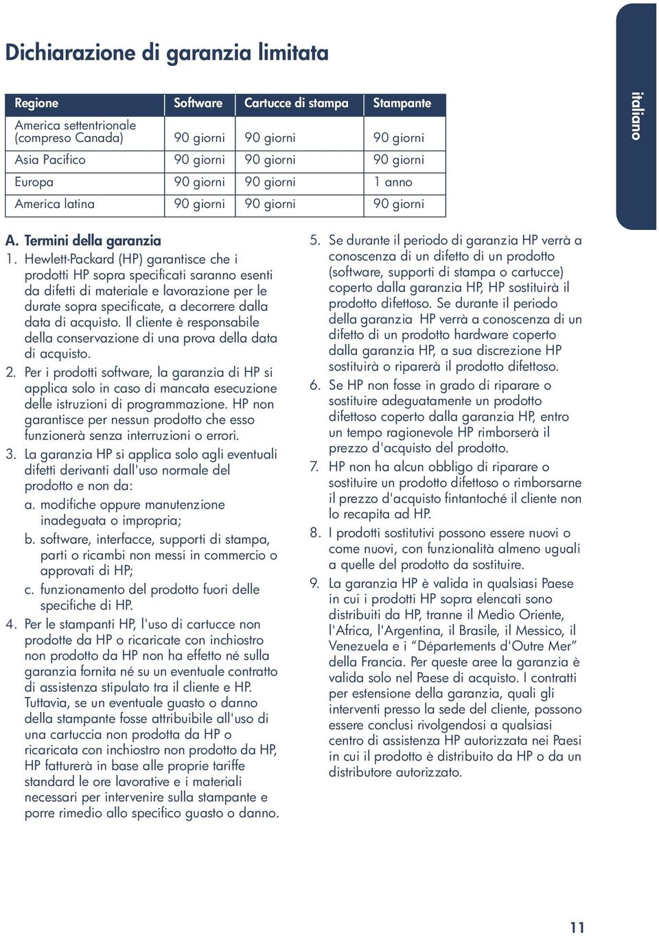 Hewlett-Packard (HP) garantisce che i prodotti HP sopra specificati saranno esenti da difetti di materiale e lavorazione per le durate sopra specificate, a decorrere dalla data di acquisto.