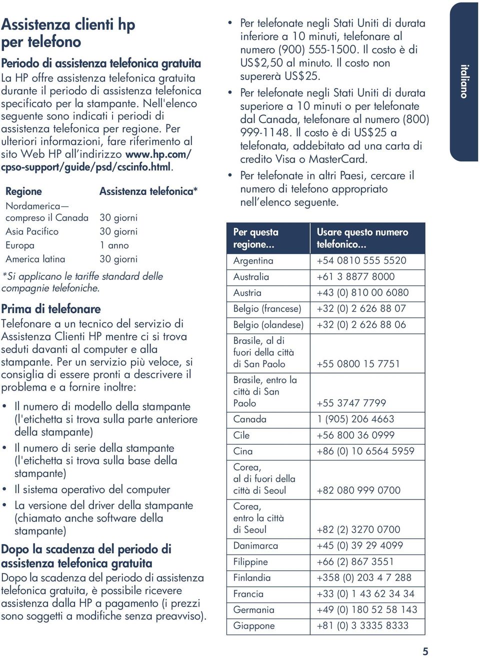 html. Regione Nordamerica compreso il Canada Asia Pacifico Europa America latina Assistenza telefonica* 30 giorni 30 giorni 1 anno 30 giorni *Si applicano le tariffe standard delle compagnie