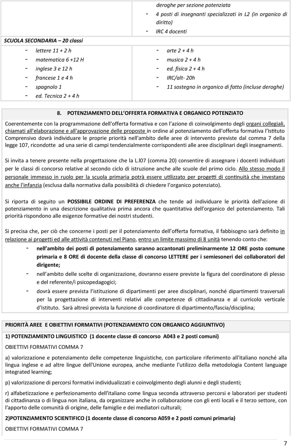 fisica 2 + 4 h - IRC/alt- 20h - 11 sostegno in organico di fatto (incluse deroghe) 8.