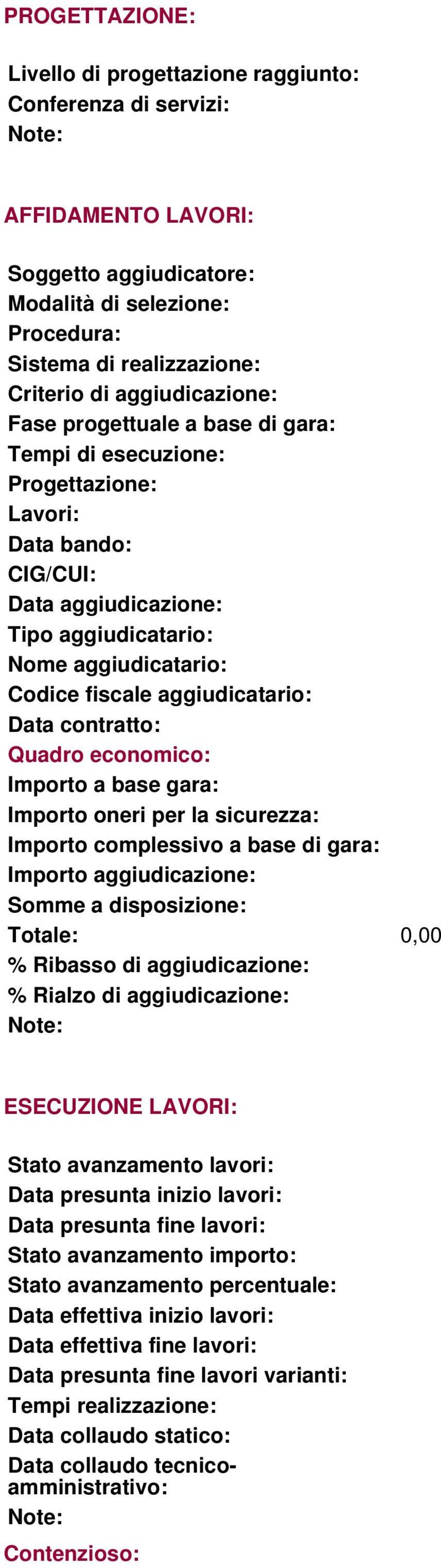 base gara: Importo oneri per la sicurezza: Importo complessivo a base di gara: Importo aggiudicazione: % Ribasso di aggiudicazione: % Rialzo di aggiudicazione: ESECUZIONE LAVORI: Stato avanzamento