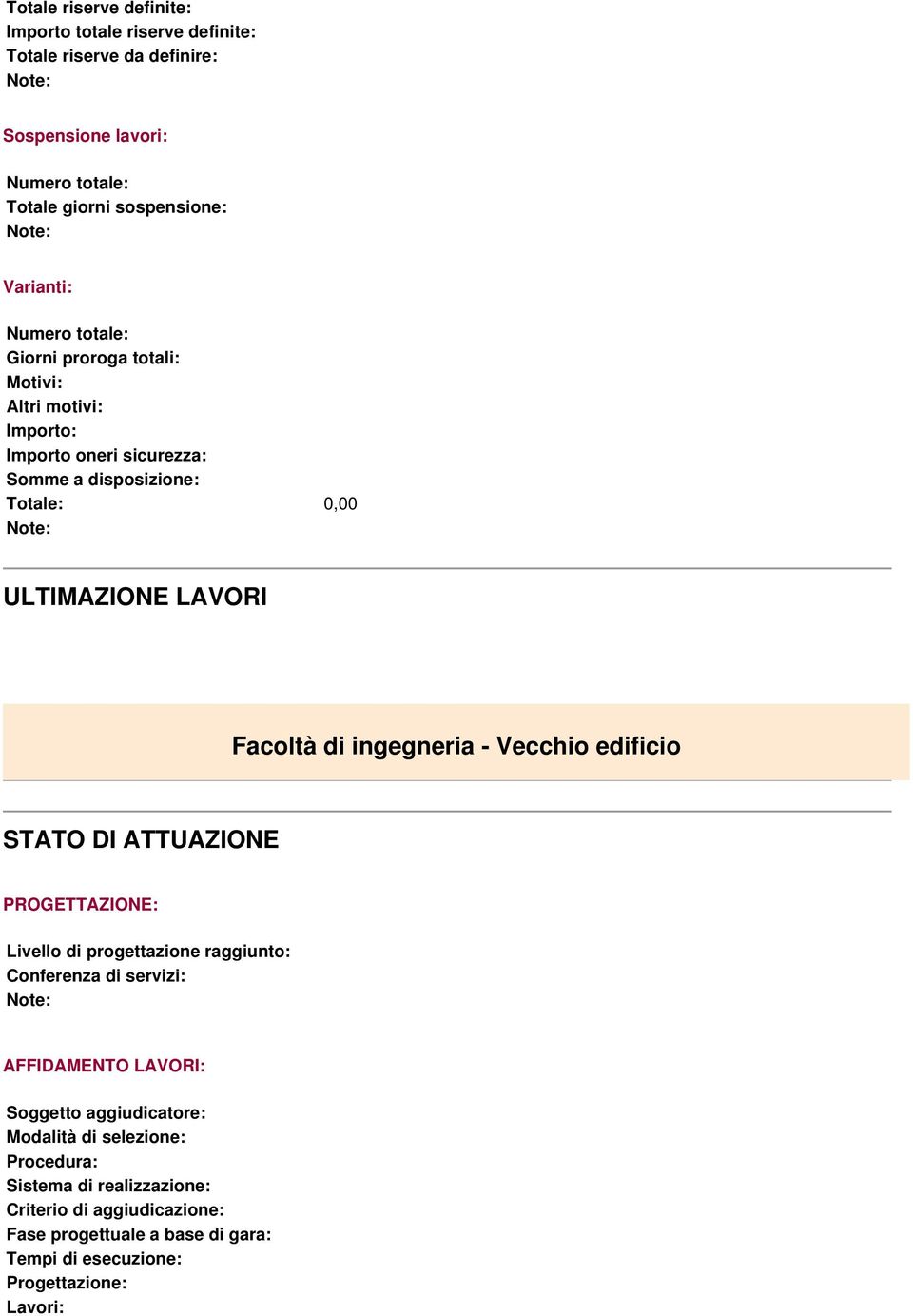 edificio PROGETTAZIONE: Livello di progettazione raggiunto: Conferenza di servizi: AFFIDAMENTO LAVORI: Soggetto aggiudicatore: Modalità di