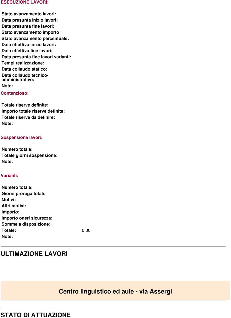 collaudo tecnicoamministrativo: Contenzioso: Totale riserve definite: Importo totale riserve definite: Totale riserve da definire: Sospensione lavori: