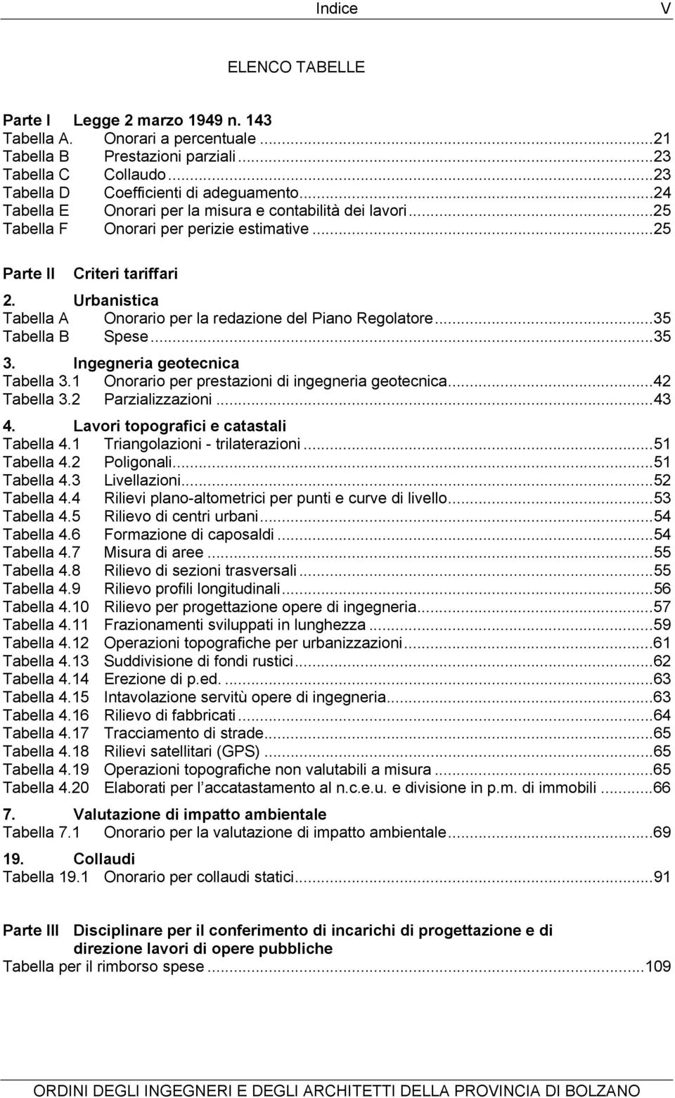 Urbanistica Tabella A Onorario per la redazione del Piano Regolatore...35 Tabella B Spese...35 3. Ingegneria geotecnica Tabella 3.1 Onorario per prestazioni di ingegneria geotecnica...42 Tabella 3.