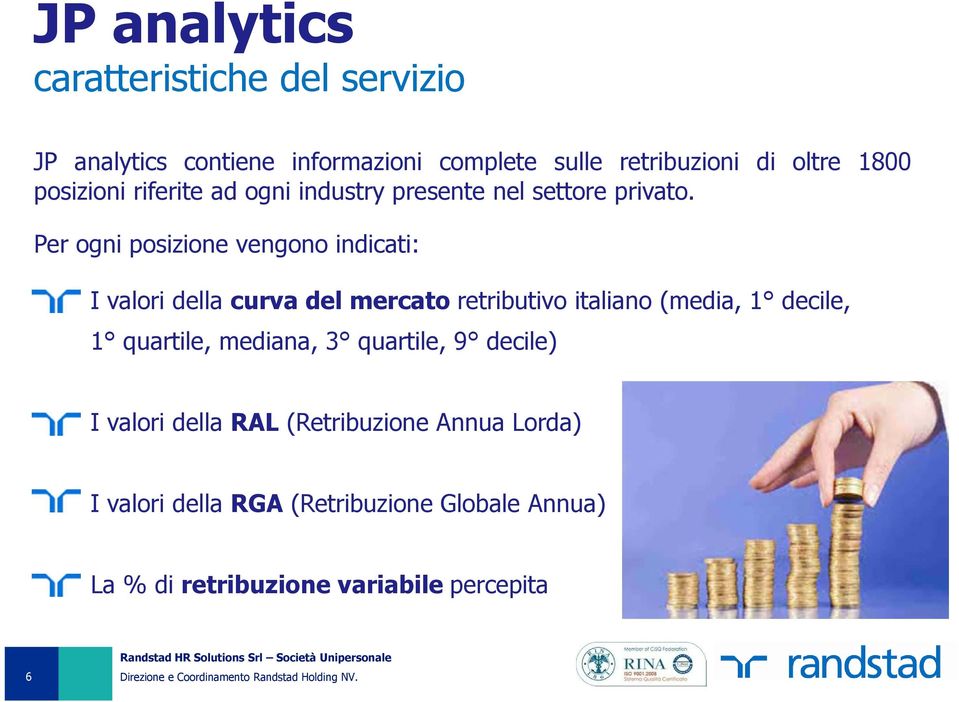 Per ogni posizione vengono indicati: I valori della curva del mercato retributivo italiano (media, 1 decile, 1