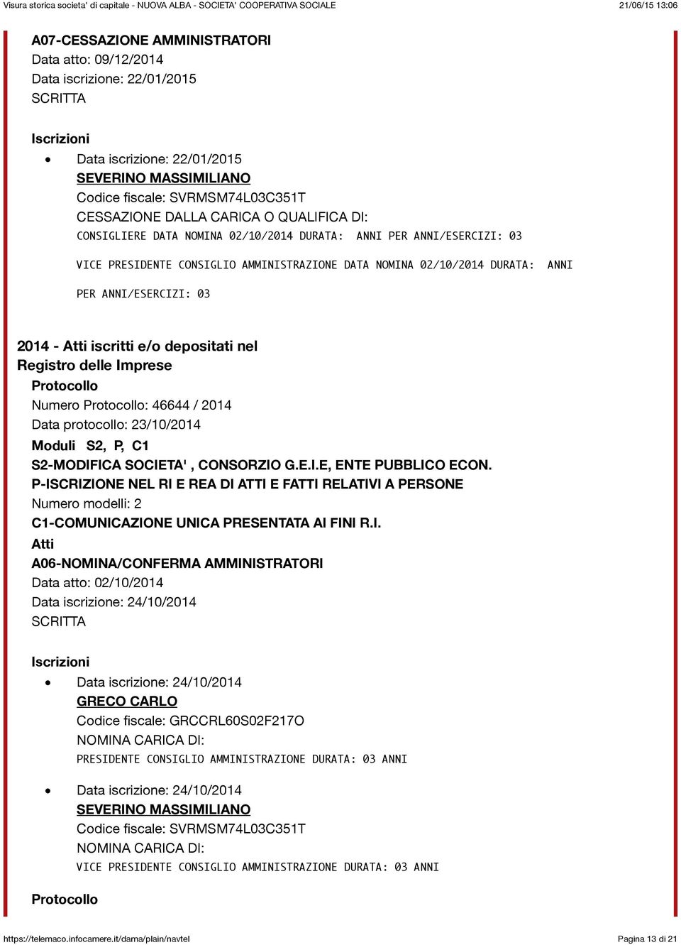 Atti iscritti e/o depositati nel Registro delle Imprese Numero : 46644 / 2014 Data protocollo: 23/10/2014 Moduli S2, P, C1 S2-MODIFICA SOCIETA', CONSORZIO G.E.I.E, ENTE PUBBLICO ECON.