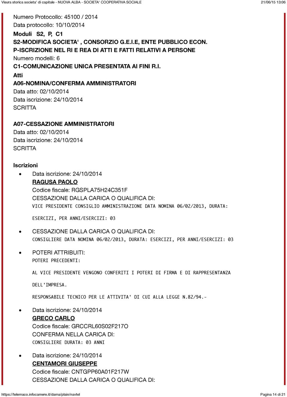 02/10/2014 SCRITTA Iscrizioni RAGUSA PAOLO Codice fiscale: RGSPLA75H24C351F CESSAZIONE DALLA CARICA O QUALIFICA DI: VICE PRESIDENTE CONSIGLIO AMMINISTRAZIONE DATA NOMINA 06/02/2013, DURATA: ESERCIZI,