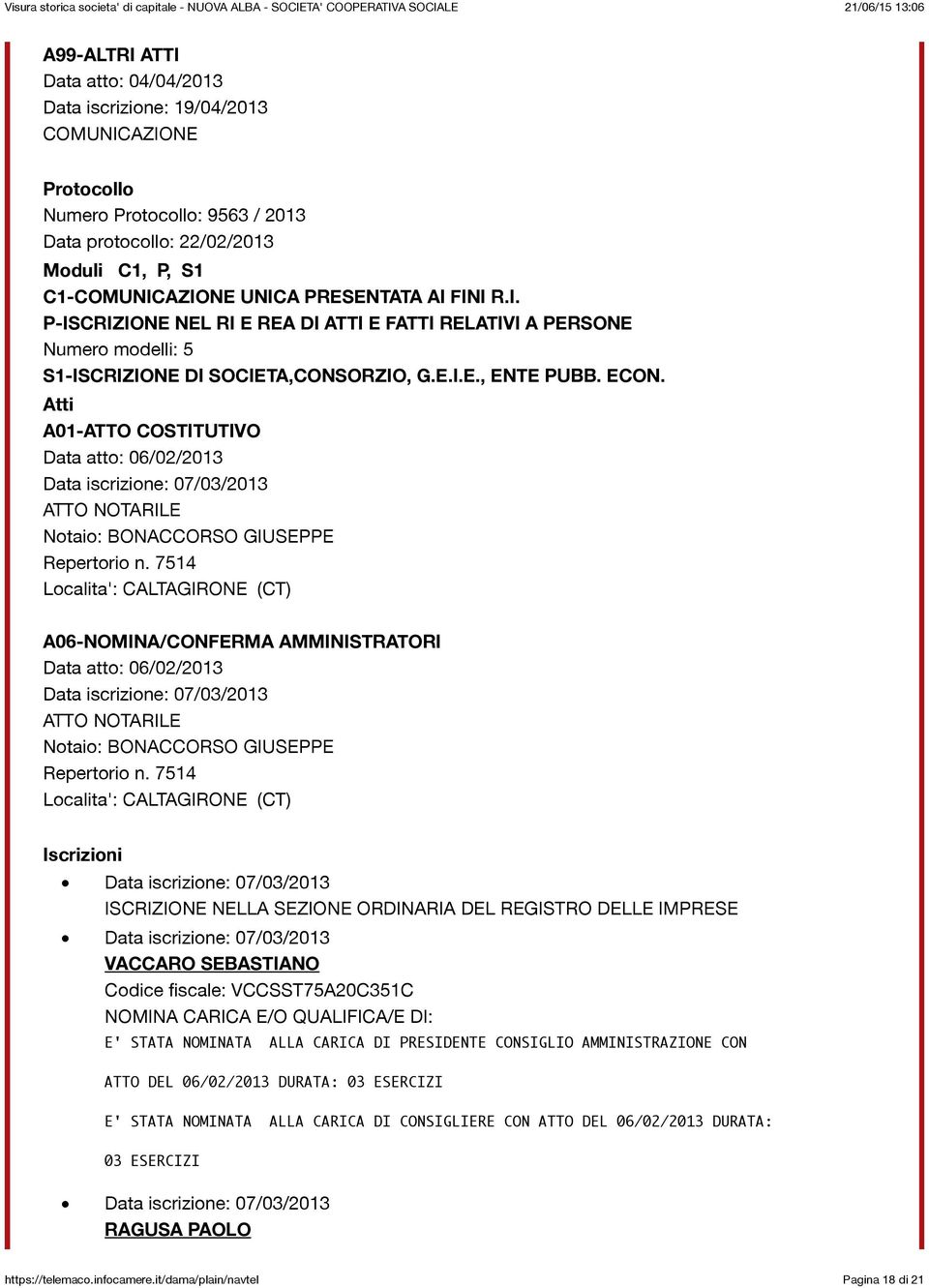 Atti A01-ATTO COSTITUTIVO Data atto: 06/02/2013 Data iscrizione: 07/03/2013 ATTO NOTARILE Notaio: BONACCORSO GIUSEPPE Repertorio n.