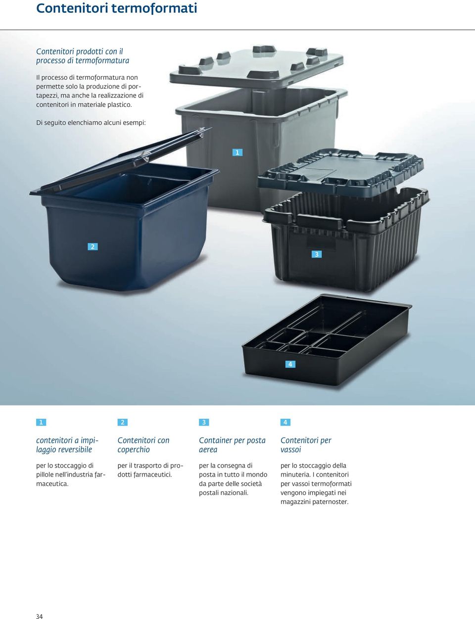 Di seguito elenchiamo alcuni esempi: contenitori a impilaggio reversibile Contenitori con coperchio Container per posta aerea Contenitori per vassoi per lo stoccaggio