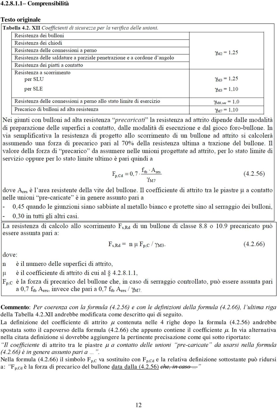 In via alternativa nella citata definizione si dovrebbe aggiungere la pertinente precisazione come qui sotto riportato: Il coefficiente di attrito tra le piastre a contatto delle unioni pre-caricate