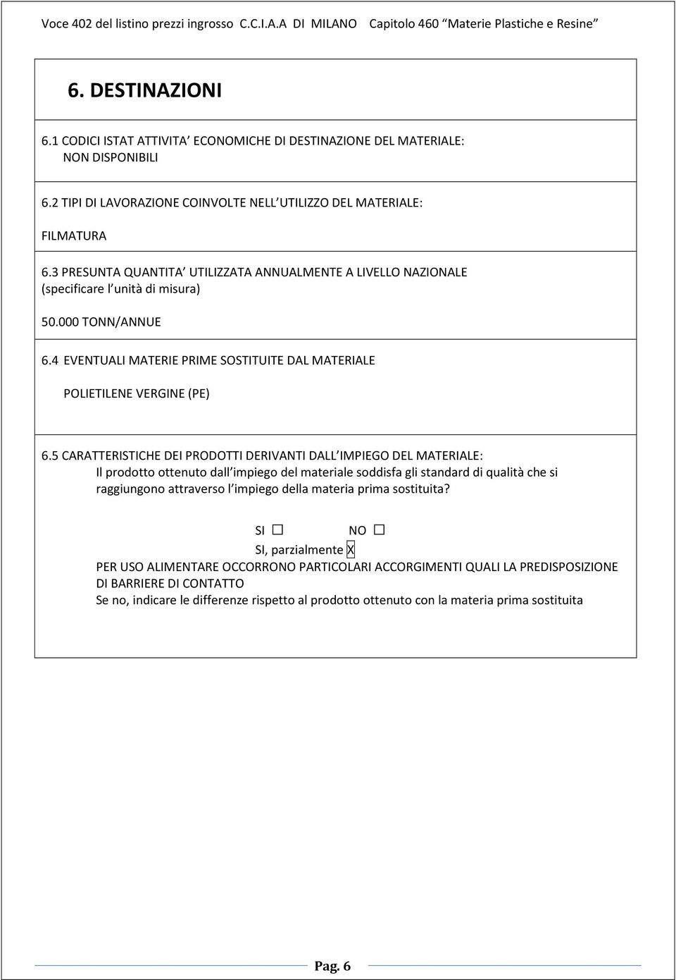 5 CARATTERISTICHE DEI PRODOTTI DERIVANTI DALL IMPIEGO DEL MATERIALE: Il prodotto ottenuto dall impiego del materiale soddisfa gli standard di qualità che si raggiungono attraverso l impiego della