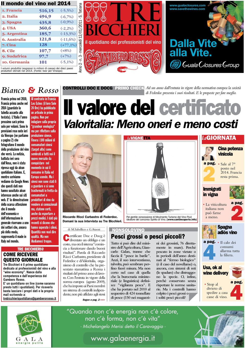 dieci paesi produttori stimati nel 2014. (Fonte: Iwsr per Vinexpo) Anno 2 - n. 3 - mercoledì 12/01/2011 - S. Tatiana TRE www.gualaclosures.com www.savethewines.com Dalla Vite alla Vite.