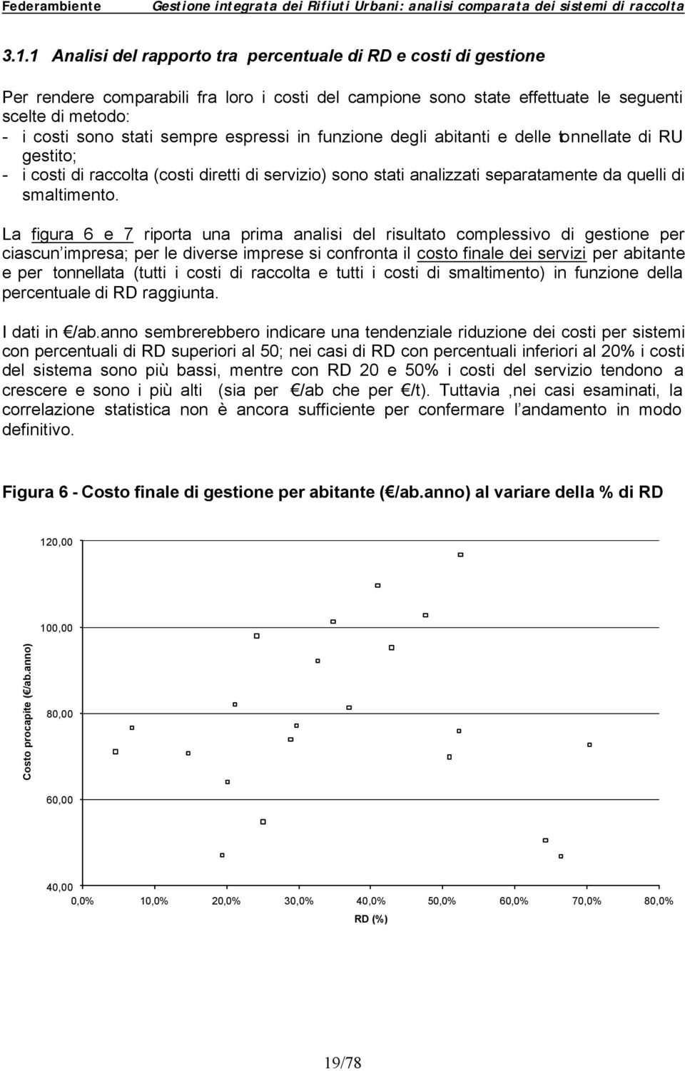 La figura 6 e 7 riporta una prima analisi del risultato complessivo di gestione per ciascun impresa; per le diverse imprese si confronta il costo finale dei servizi per abitante e per tonnellata