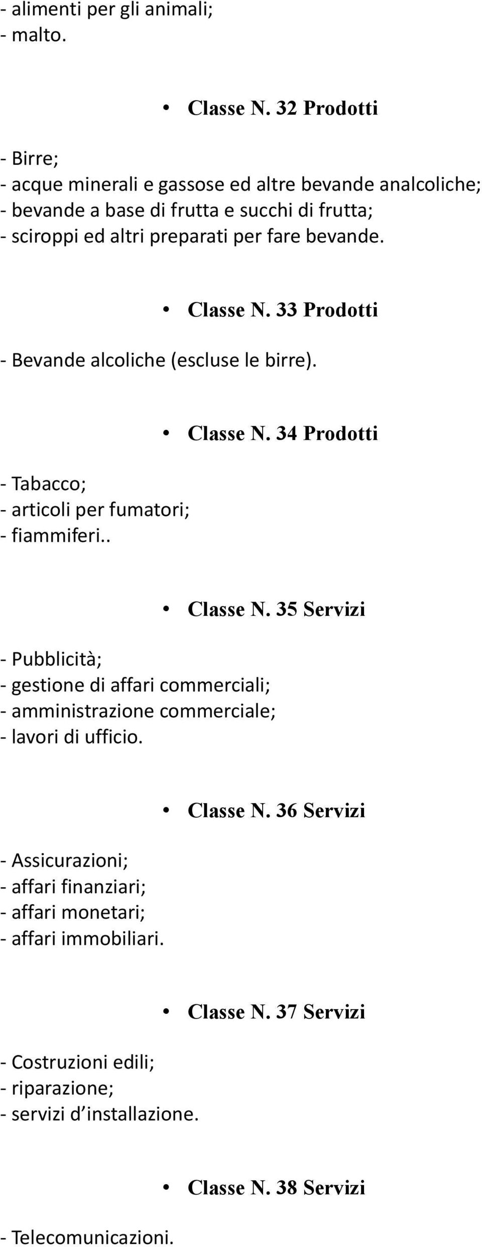 Classe N. 33 Prodotti - Bevande alcoliche (escluse le birre). - Tabacco; - articoli per fumatori; - fiammiferi.. Classe N. 34 Prodotti Classe N.
