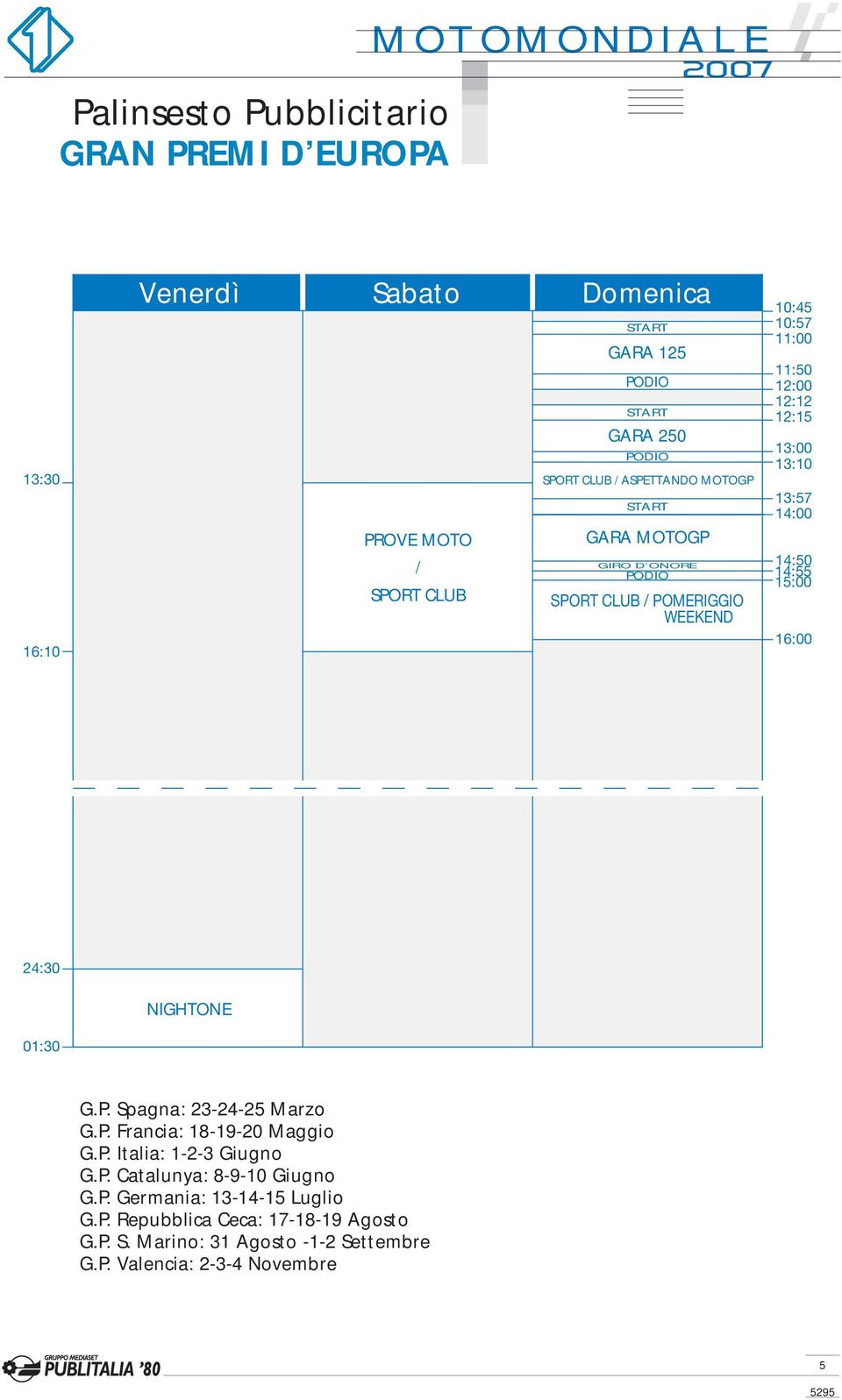 14:55 16:00 NIGHTONE G.P. Spagna: 23-24-25 Marzo G.P. Francia: 18-19-20 Maggio G.P. Italia: 1-2-3 Giugno G.P. Catalunya: 8-9-10 Giugno G.