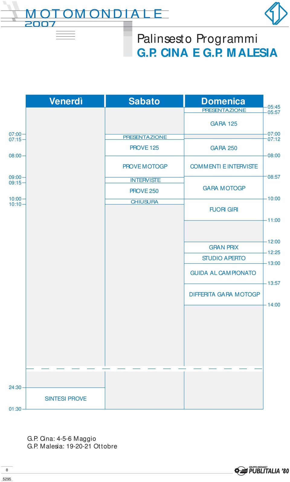 08:57 10:00 10:10 CHIUSURA FUORI GIRI 10:00 11:00 GRAN PRIX STUDIO APERTO 12:00 12:25 13:00 GUIDA