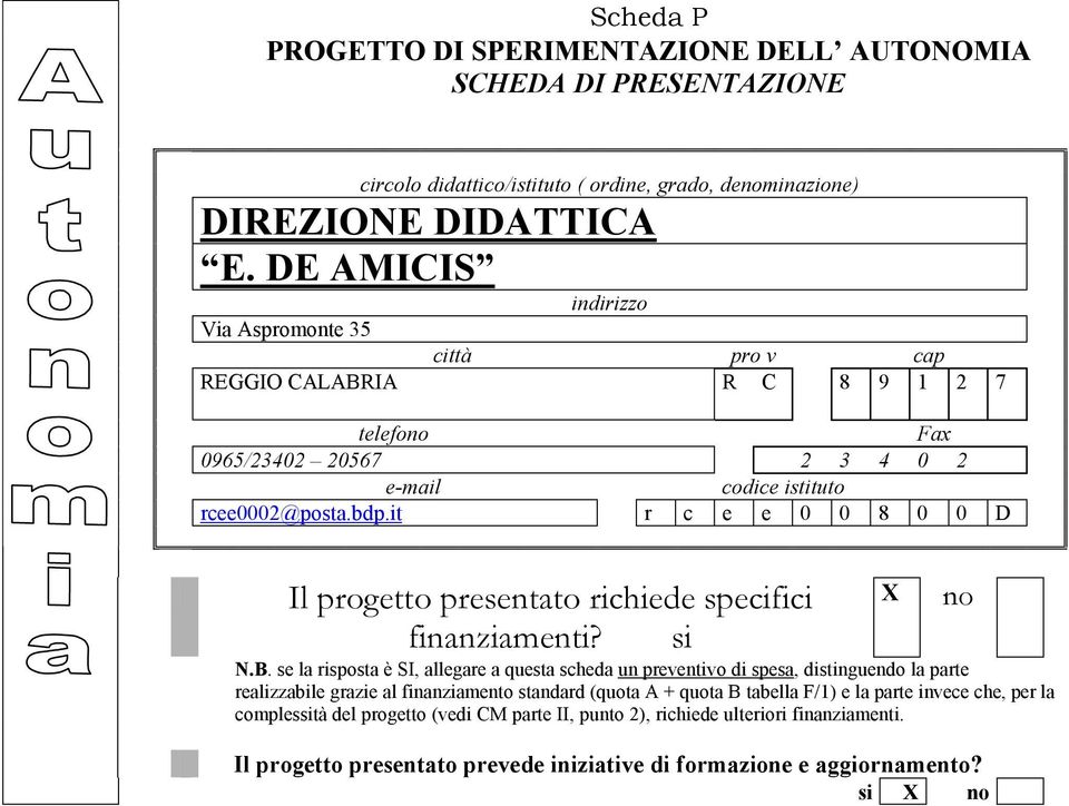 it r c e e 0 0 8 0 0 D Il progetto presentato richiede specifici finanziamenti? si N.B.