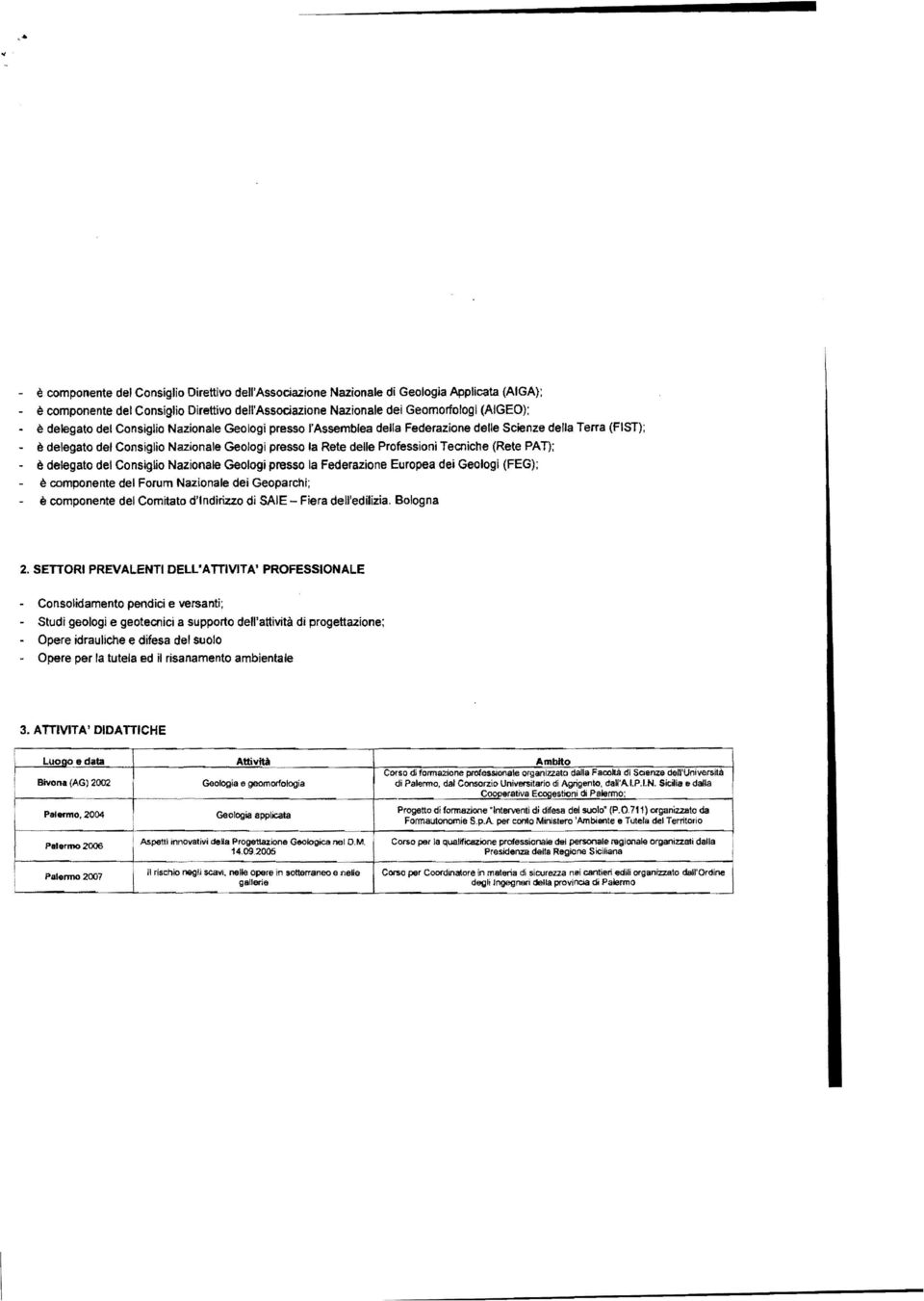 Nazonale Geolog presso la Federazone Europea de Geolog (FEG); è componente del Forum Nazonale de Geoparch; è componente del Comtato d'ndrzzo d SAlE - Fera dell'edlza. Bologna 2.