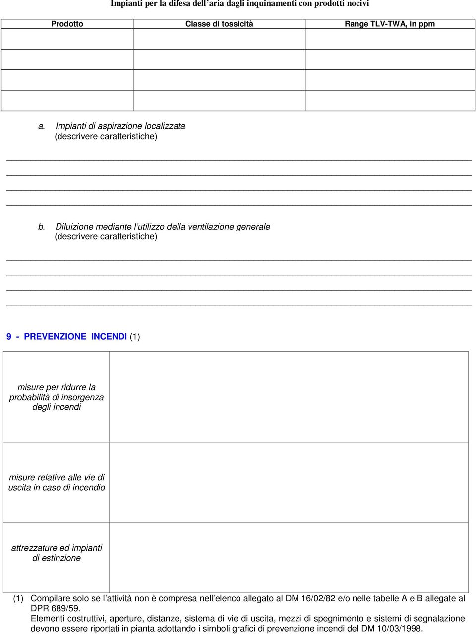 vie di uscita in cas di incendi attrezzature ed impianti di estinzine (1) Cmpilare sl se l attività n è cmpresa nell elenc allegat al DM 16/02/82 e/ nelle tabelle A e B allegate al DPR 689/59.