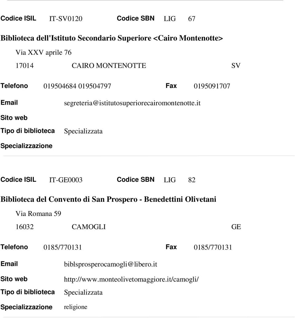 it Codice ISIL IT-0003 Codice SBN LIG 82 Biblioteca del Convento di San Prospero - Benedettini Olivetani Via Romana 59