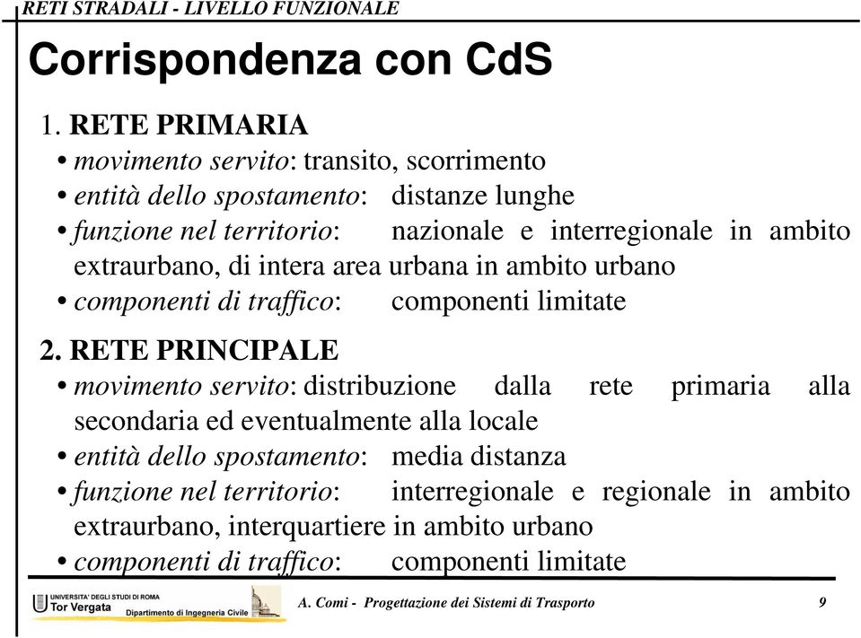 extraurbano, di intera area urbana in ambito urbano componenti di traffico: componenti limitate 2.