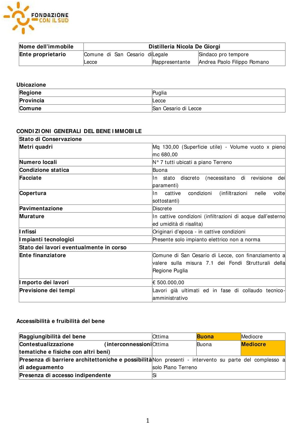 vuoto x pieno mc 680,00 N 7 tutti ubicati a piano Terreno Buona In stato discreto (necessitano di revisione dei paramenti) Copertura In cattive condizioni (infiltrazioni nelle volte sottostanti)