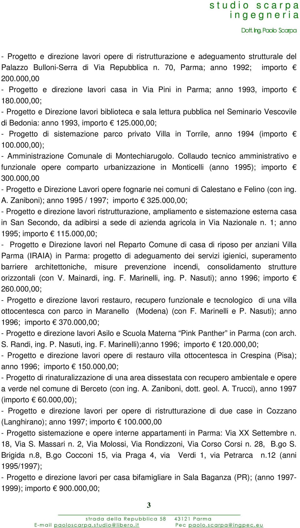 000,00; - Progetto e Direzione lavori biblioteca e sala lettura pubblica nel Seminario Vescovile di Bedonia: anno 1993, importo 125.