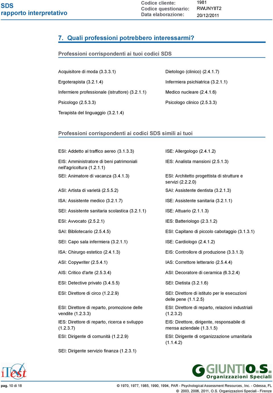 1.3.3) ISE: Allergologo (2.4.1.2) EIS: Amministratore di beni patrimoniali nell'agricoltura (1.2.1.1) SEI: Animatore di vacanza (3.4.1.3) IES: Analista mansioni (2.5.1.3) ESI: Architetto progettista di strutture e servizi (2.