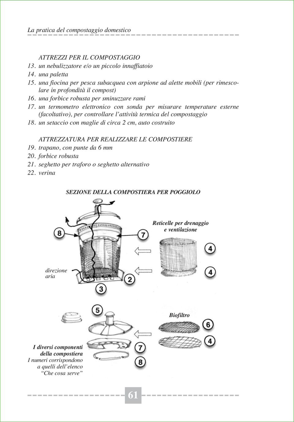 un termometro elettronico con sonda per misurare temperature esterne (facoltativo), per controllare l attività termica del compostaggio 18.