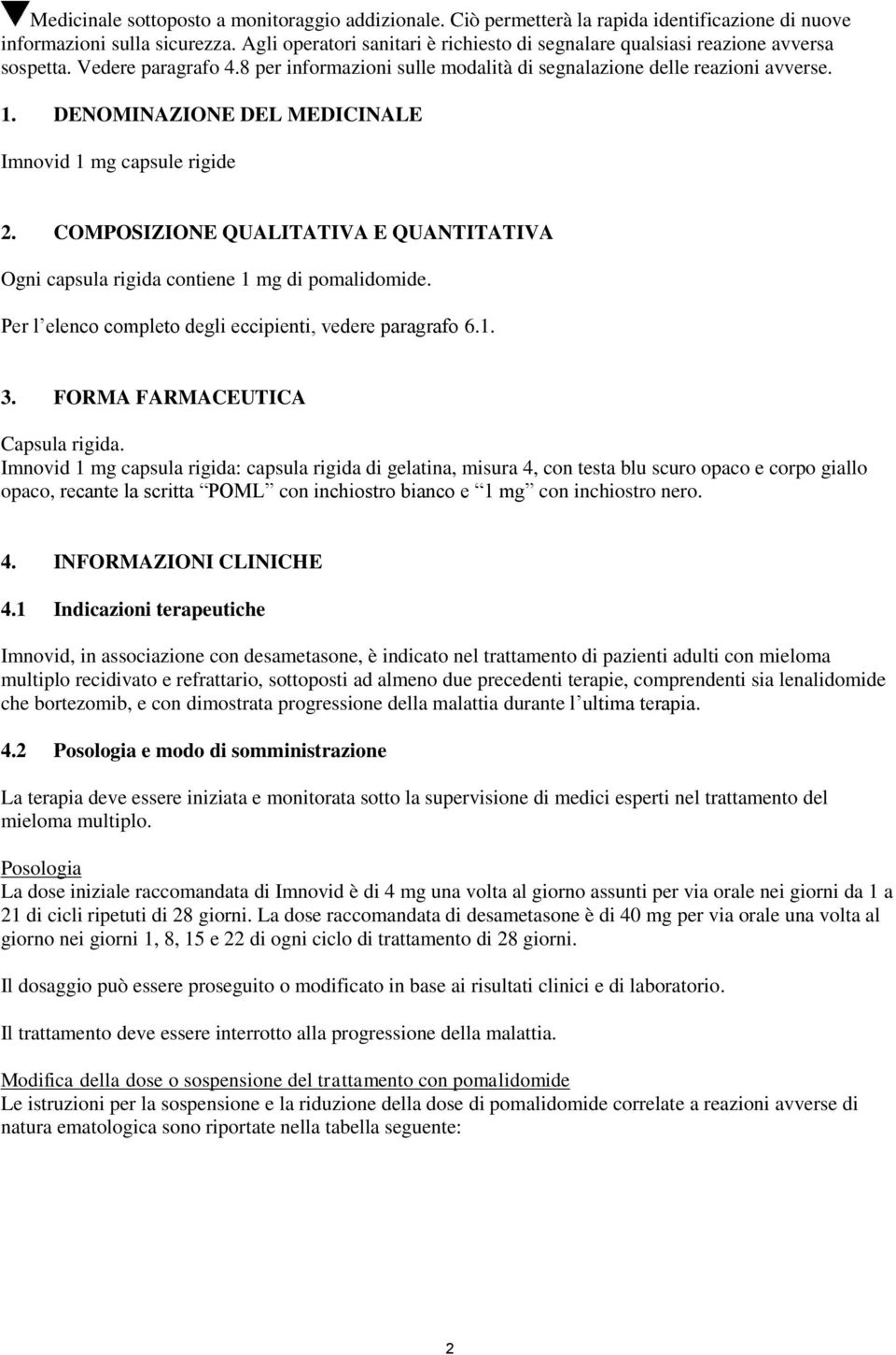 DENOMINAZIONE DEL MEDICINALE Imnovid 1 mg capsule rigide 2. COMPOSIZIONE QUALITATIVA E QUANTITATIVA Ogni capsula rigida contiene 1 mg di pomalidomide.