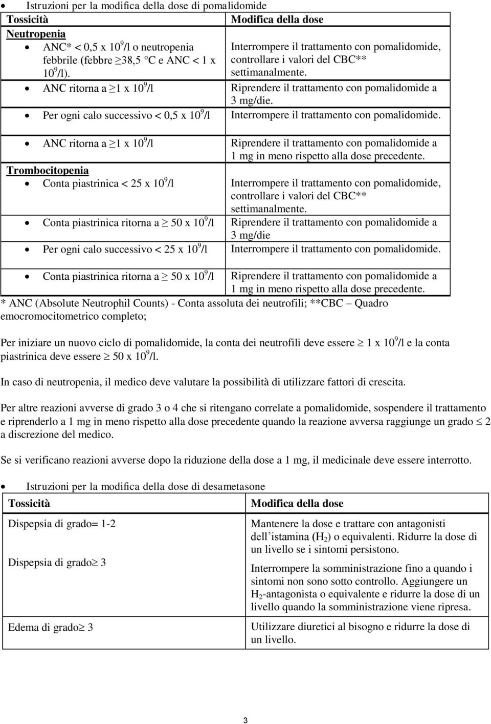 Per ogni calo successivo < 0,5 x 10 9 /l Interrompere il trattamento con pomalidomide.