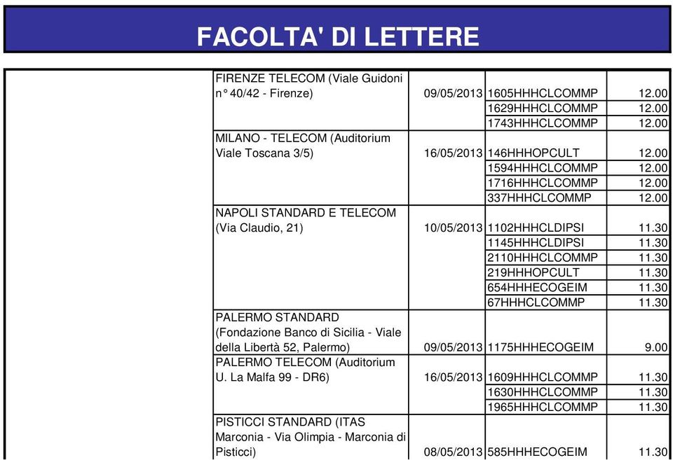 30 654HHHECOGEIM 11.30 67HHHCLCOMMP 11.30 PALERMO STANDARD (Fondazione Banco di Sicilia - Viale della Libertà 52, Palermo) 09/05/2013 1175HHHECOGEIM 9.00 U.