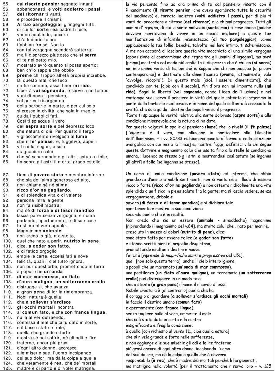 ma il disprezzo piuttosto che si serra 66. di te nel petto mio, 67. mostrato avrò quanto si possa aperto: 68. ben ch'io sappia che obblio 69. preme chi troppo all'età propria increbbe. 70.