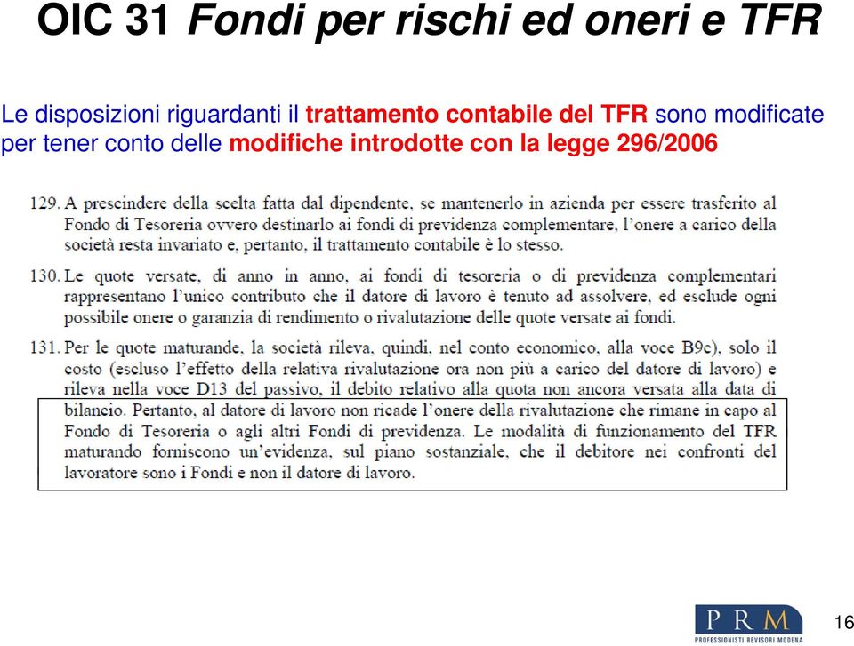 contabile del TFR sono modificate per tener